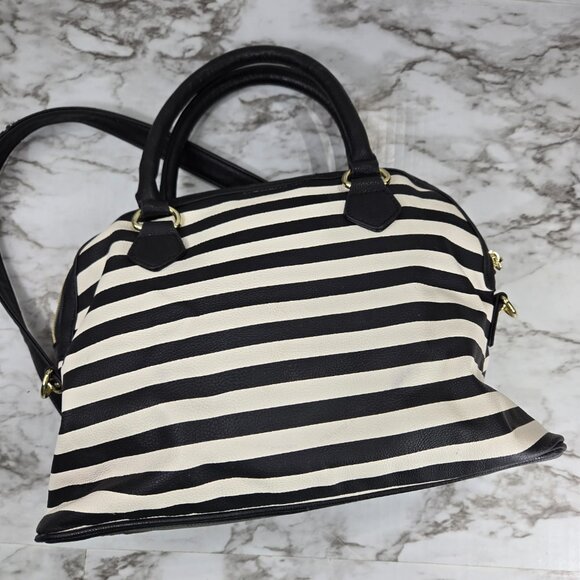 Betsey Johnson Bow-Nanza Dome Satchel Bag Y2K Black White Stripes Pink Bow - Picture 2 of 9